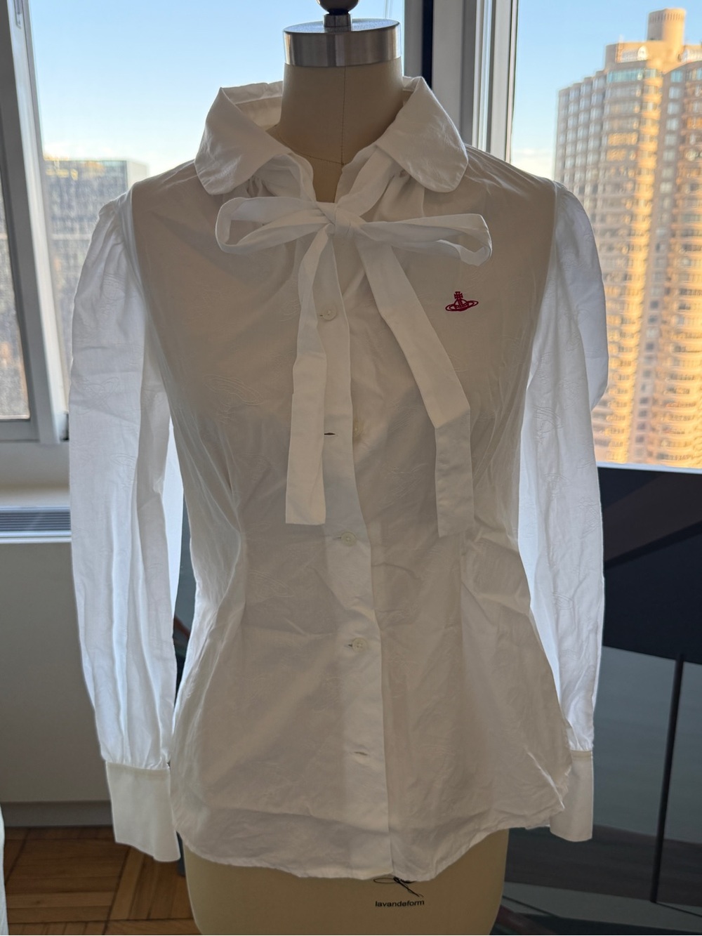 Vivienne Westwood White Bow-Tie Cotton Blouse with Red Orb Logo